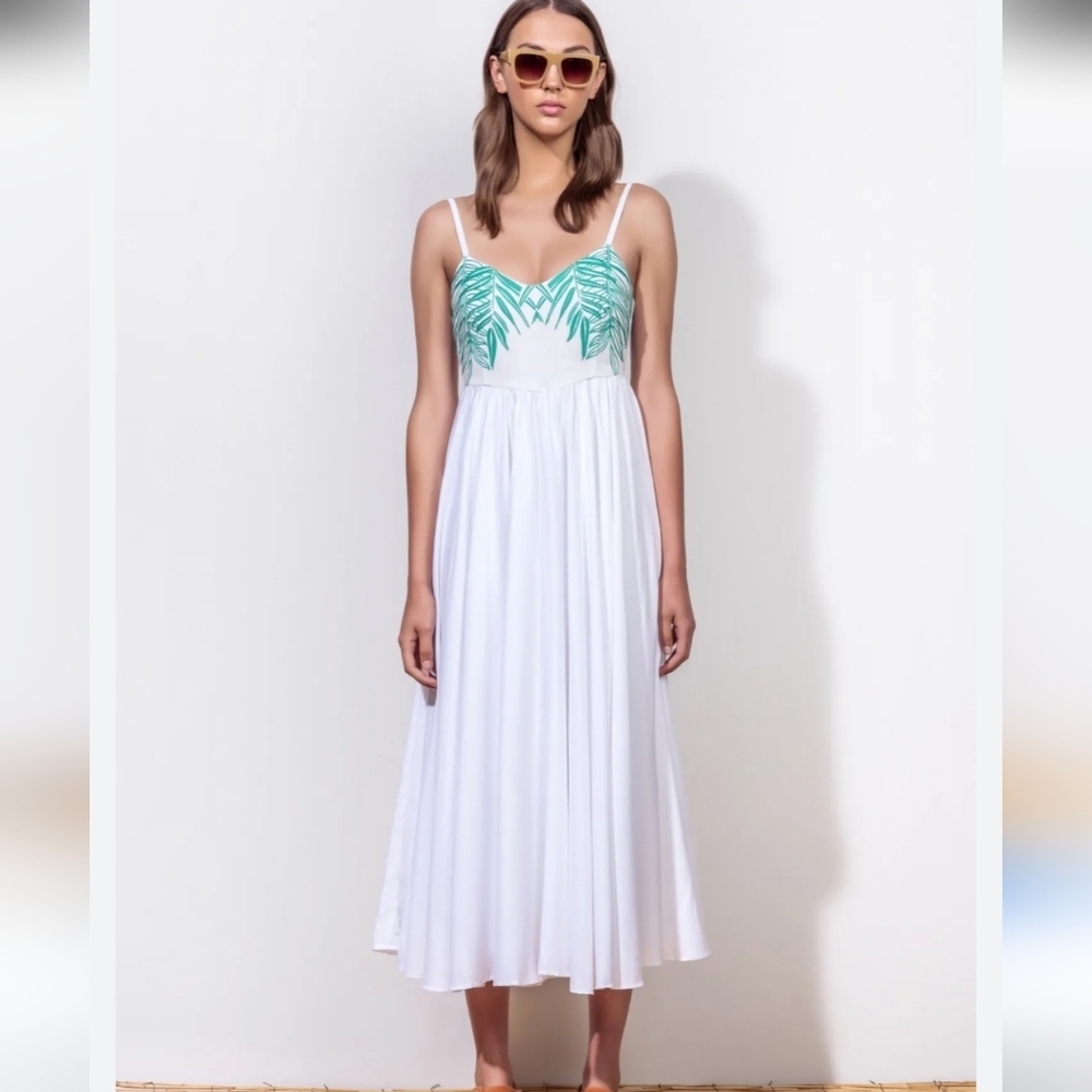 Mara Hoffman Resort Wear Embroidered Midi Dress Size XS White Green Linen Blend